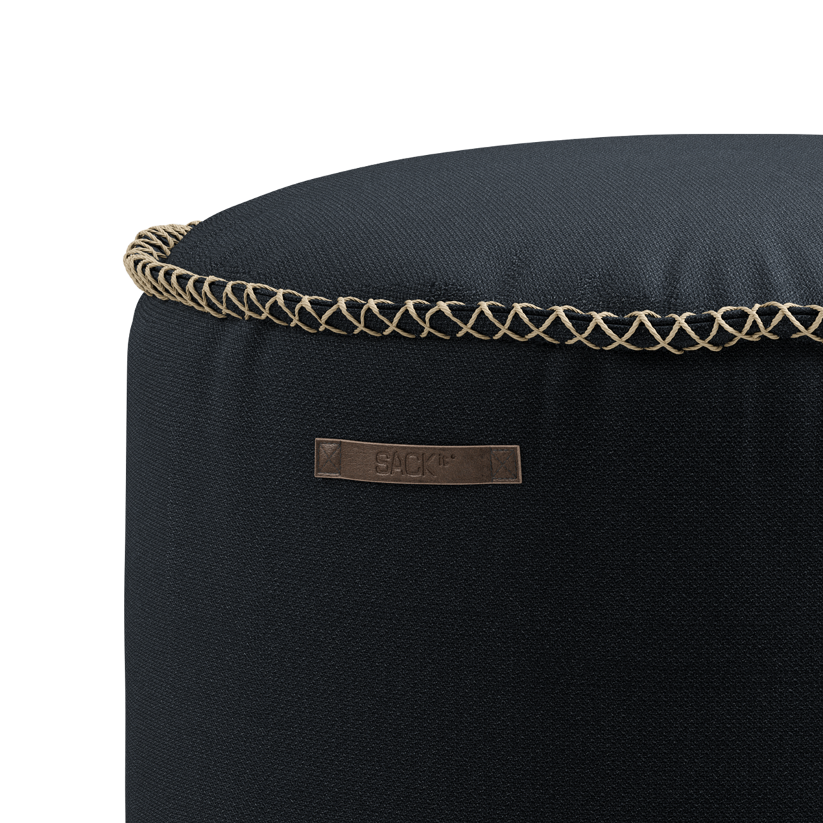 Round Cura Pouf in dark blue Cura fabric with soft texture and hand-sewn linen stitches