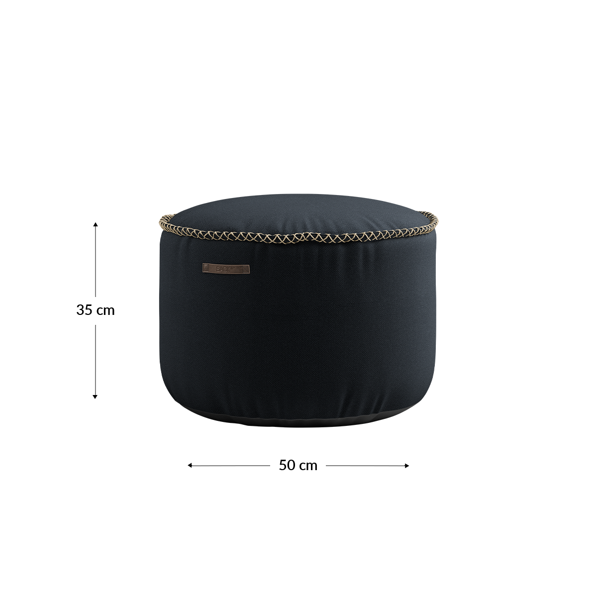 Cura Pouf in dark blue multifunctional fabric with a soft texture and round shape.