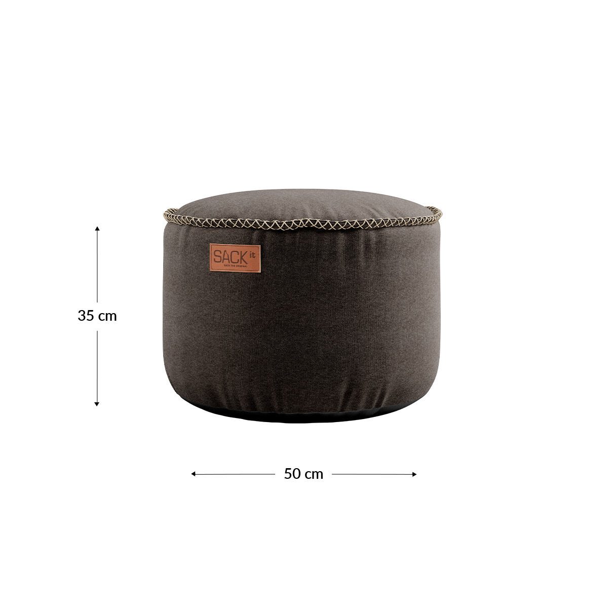 Canvas Pouf in canvas petrol with hand-sewn linen stitches, round shape and soft texture.