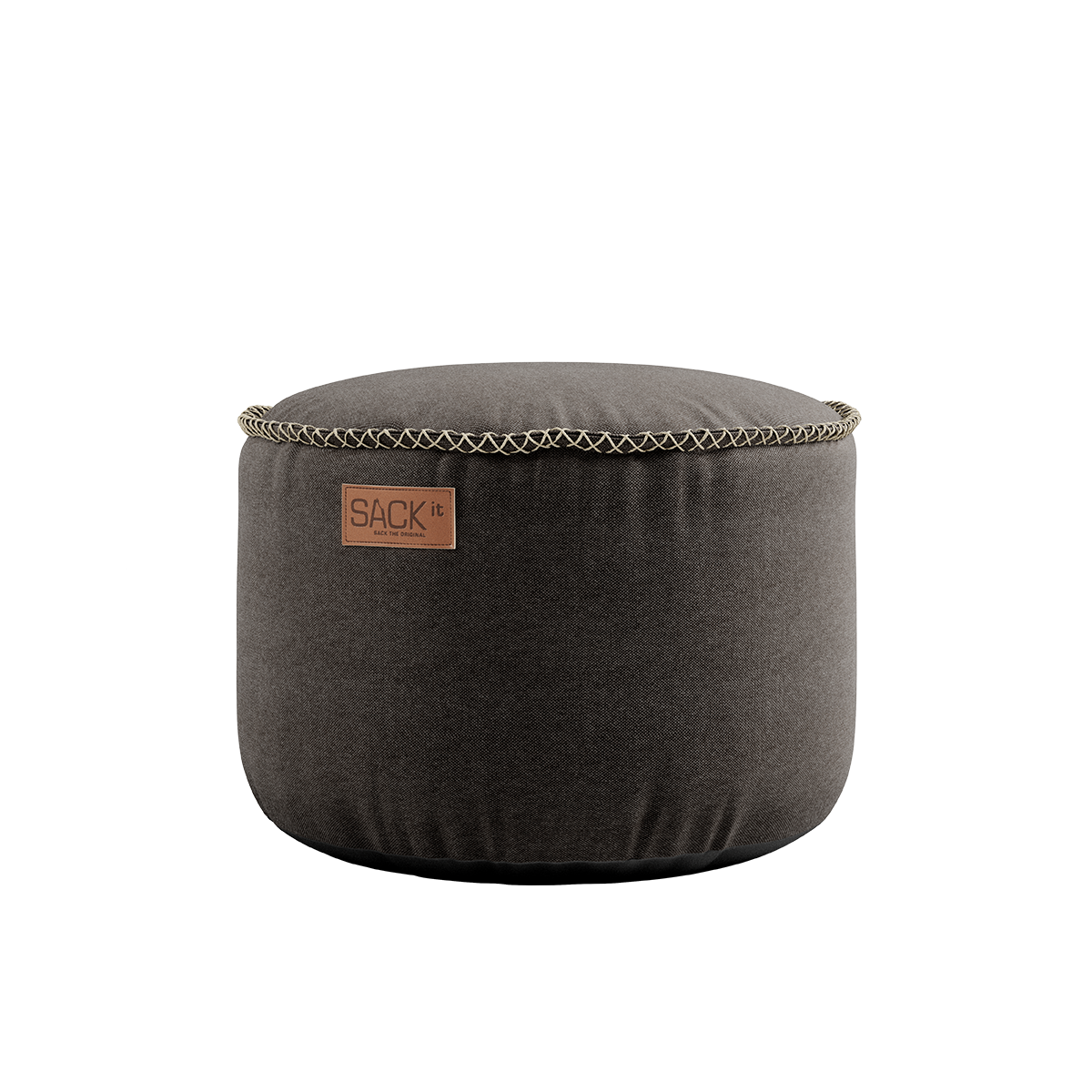 Round Canvas Pouf in brown canvas fabric with hand-sewn linen stitches, durable and multifunctional design.