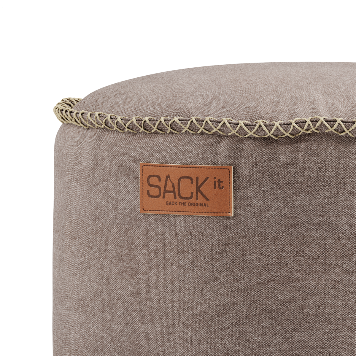 Canvas Pouf in canvas petrol with hand-sewn linen stitches, round shape and soft texture
