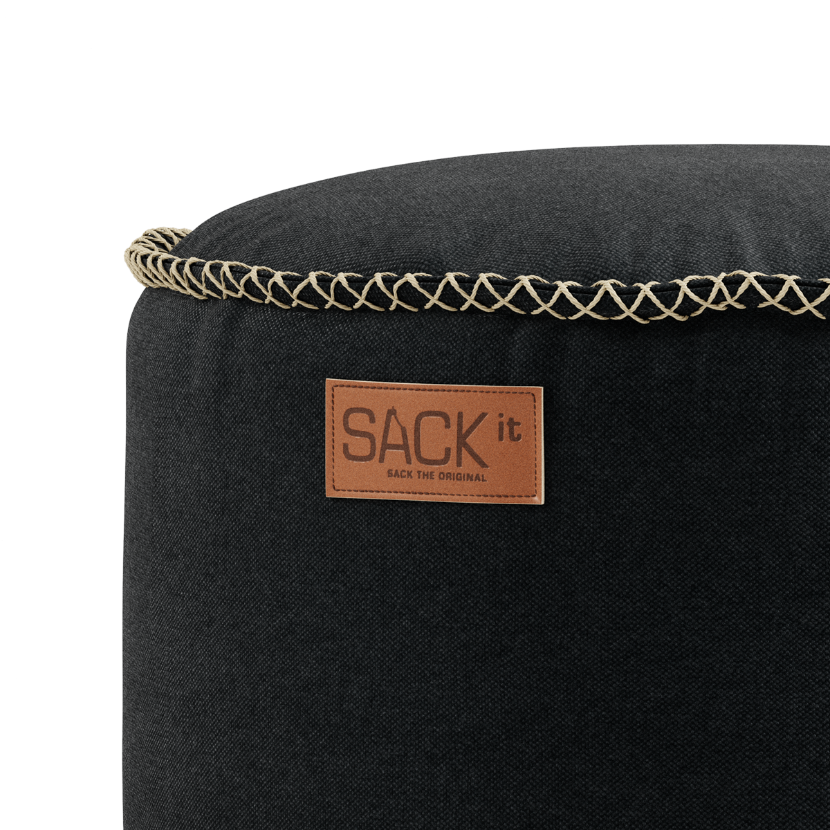 Round Canvas Pouf in petrol color with hand-sewn linen stitches on canvas fabric