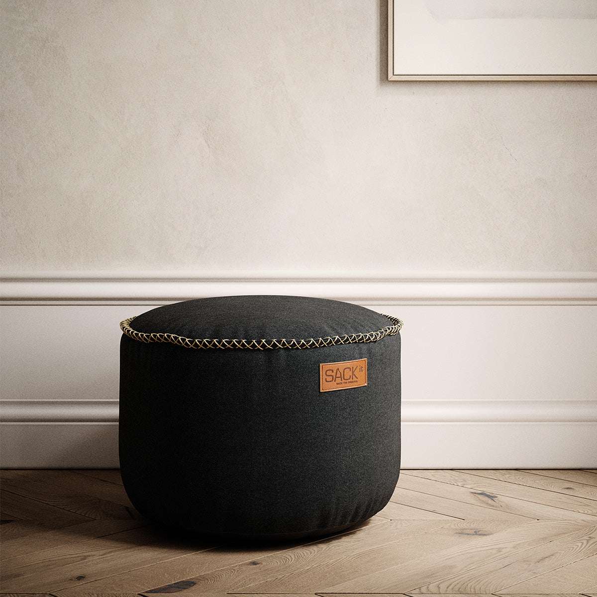 Round Canvas Pouf in petrol color with hand-sewn linen stitches on canvas fabric