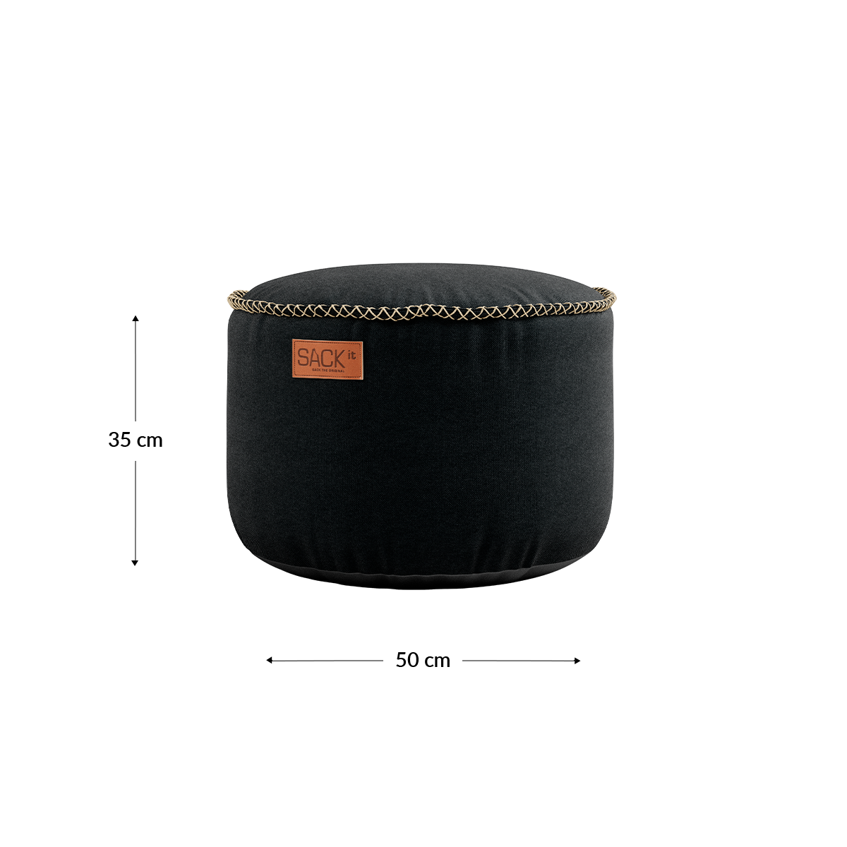 Round Canvas Pouf in petrol color with hand-sewn linen stitches on canvas fabric.