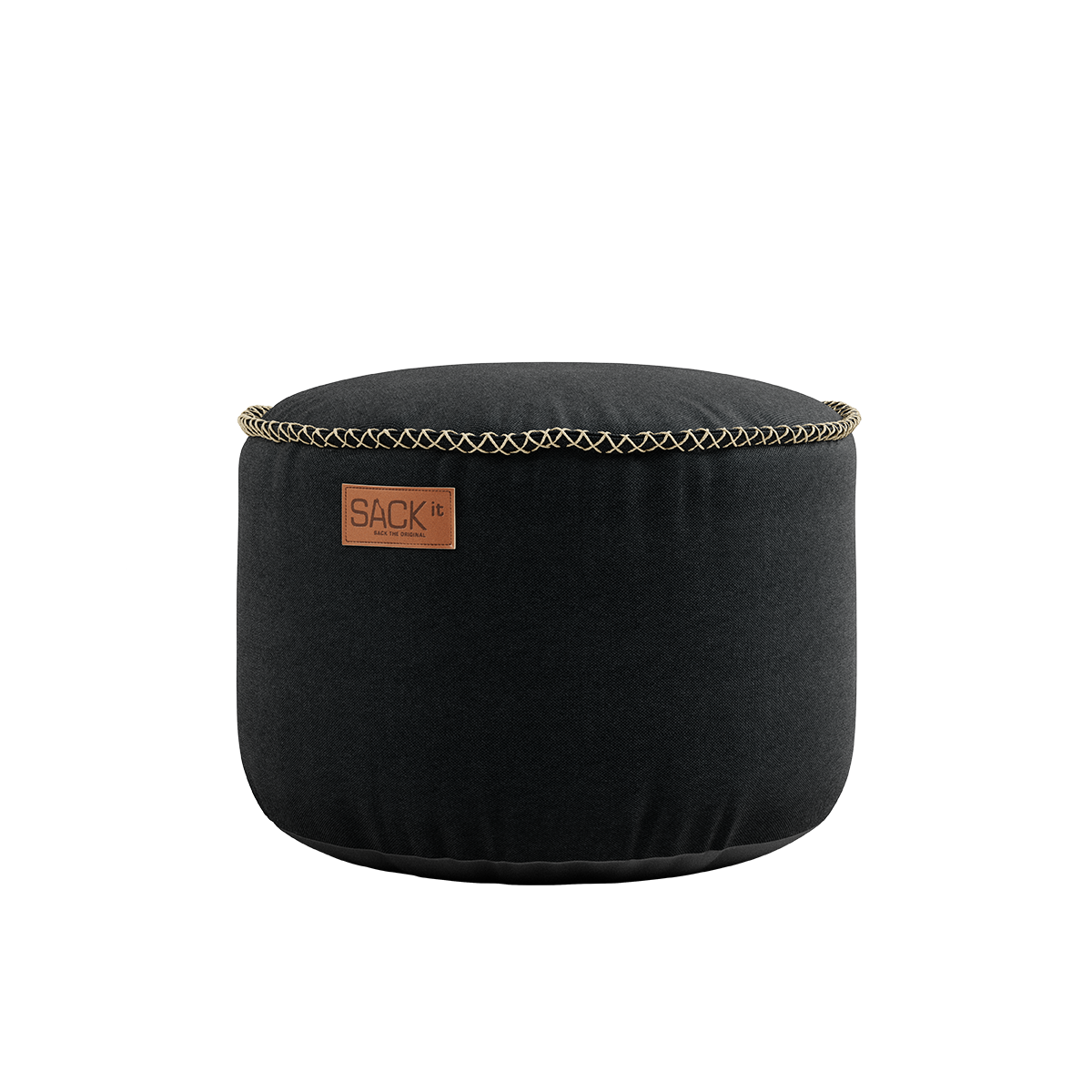 Black Canvas Pouf with hand-sewn linen stitches in a round shape on a white background