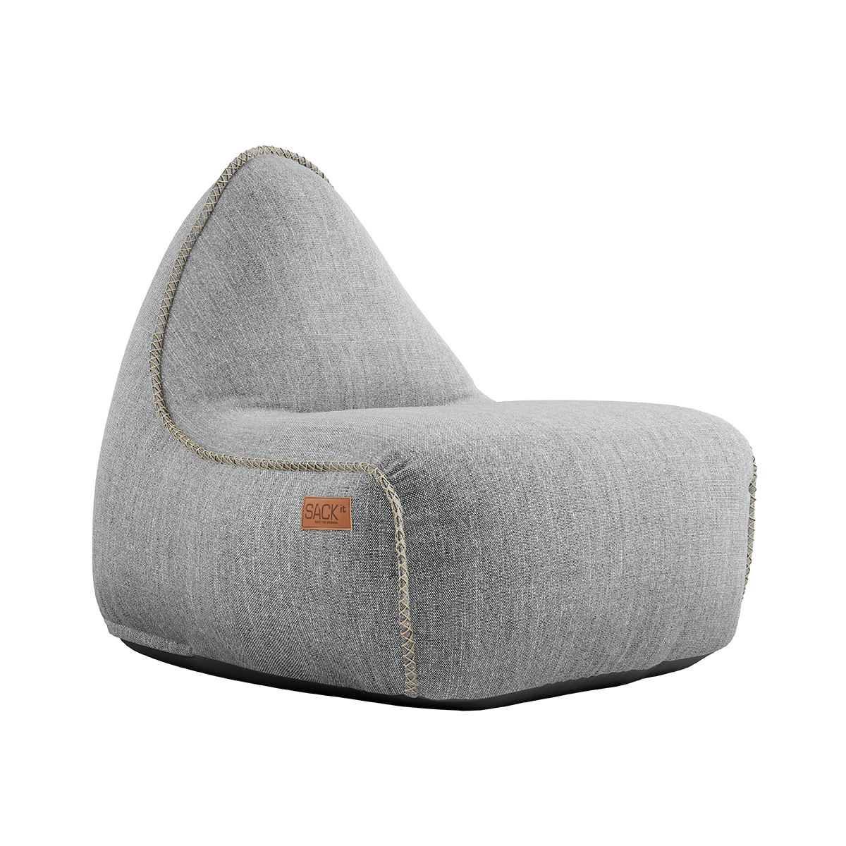 Light gray sackit Cobana lounge chair with a deep cushioned seat and high curved back on a black background
