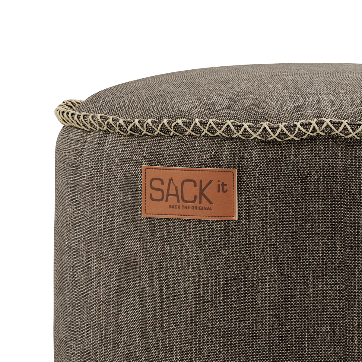 Cobana Pouf in Cobana Grey fabric with round shape and textured surface.