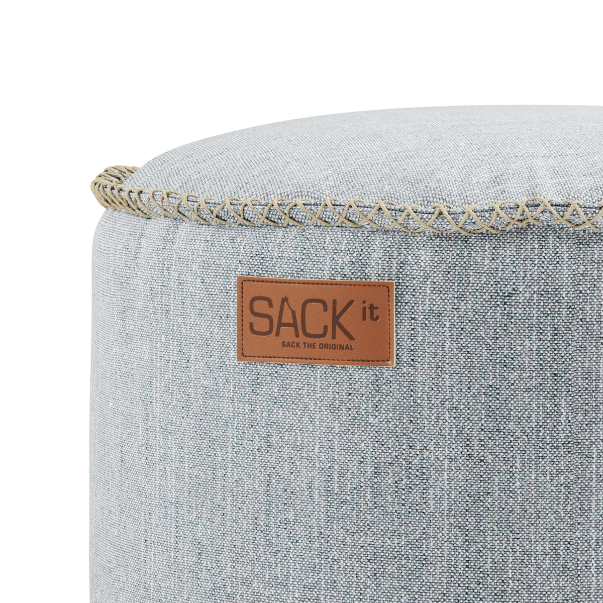Round Cobana Grey pouf with textured fabric and hand-sewn stitches for indoor and outdoor use