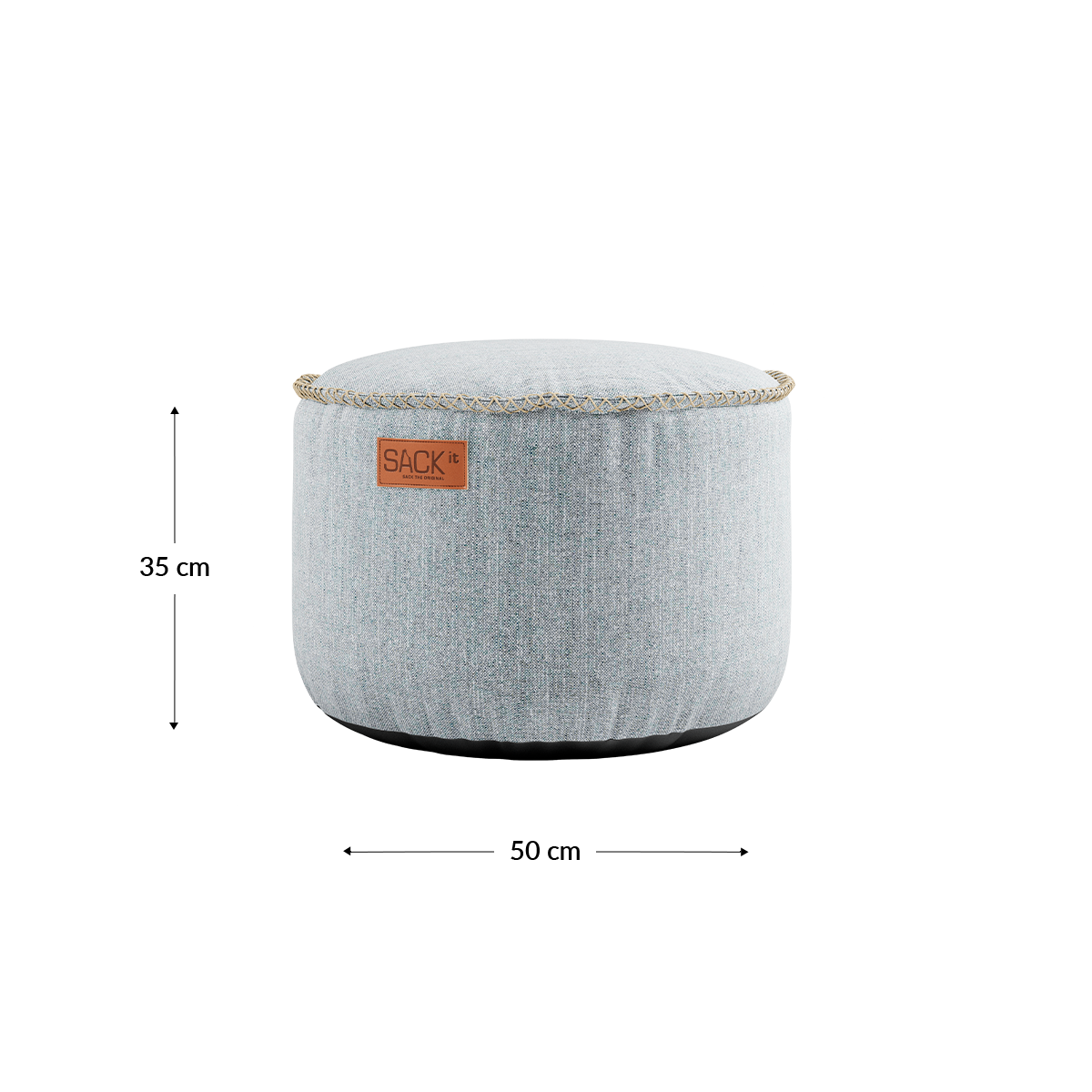 Round Cobana Grey pouf with durable fabric and hand-sewn stitches for indoor and outdoor use