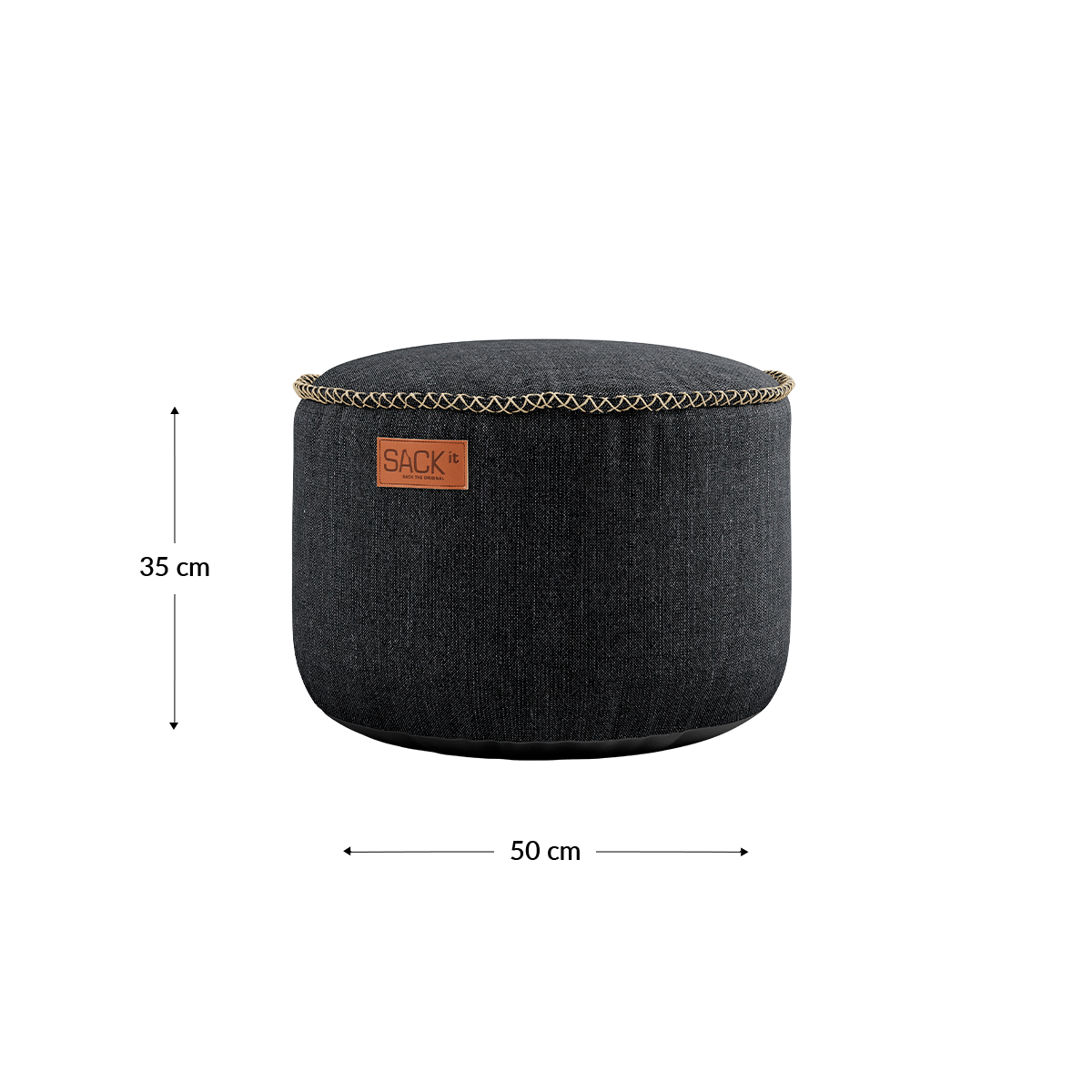 Cobana Grey pouf with durable fabric and hand-sewn stitches, suitable for indoor and outdoor use.