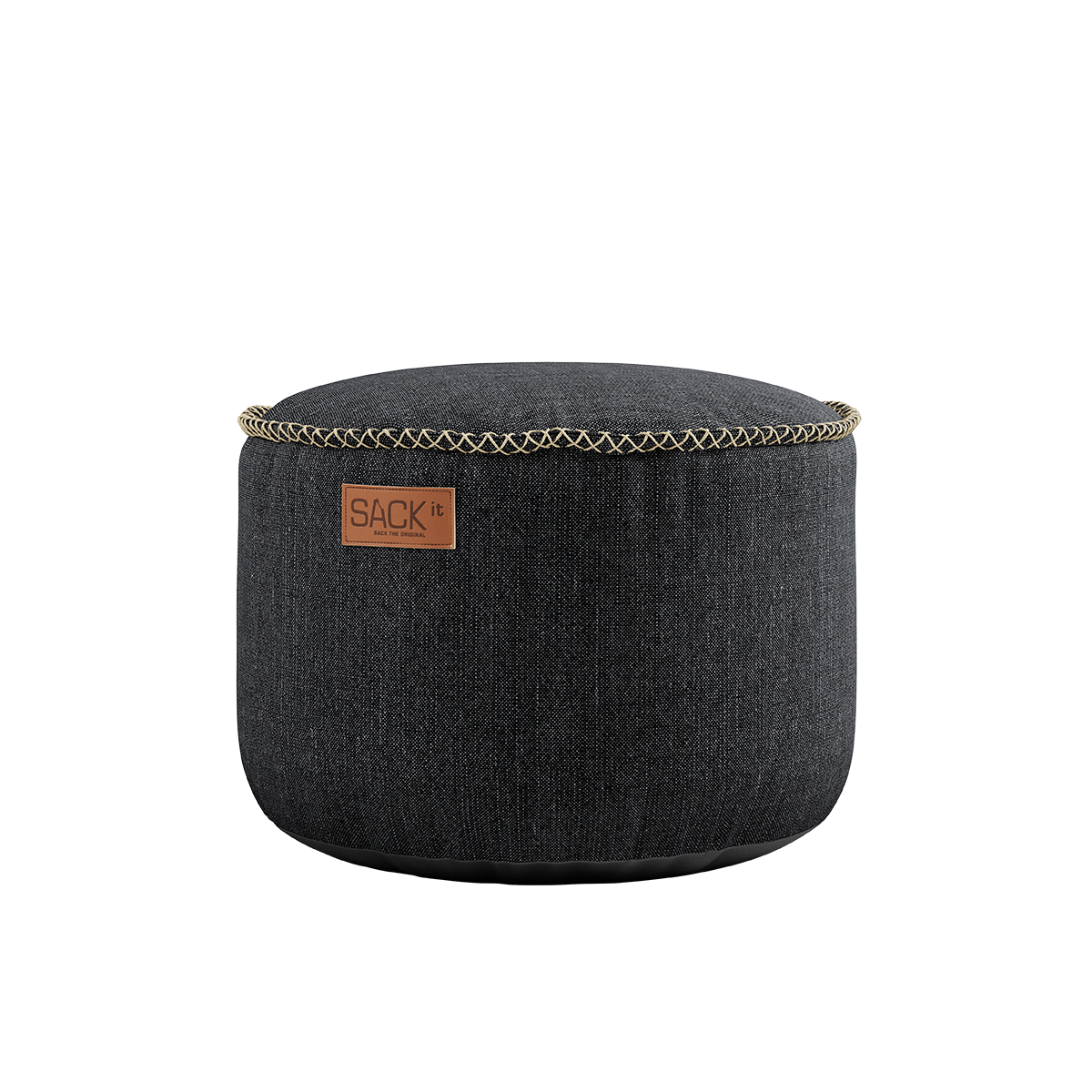 Cobana Pouf in black Cobana fabric with a round shape and hand-sewn stitches.