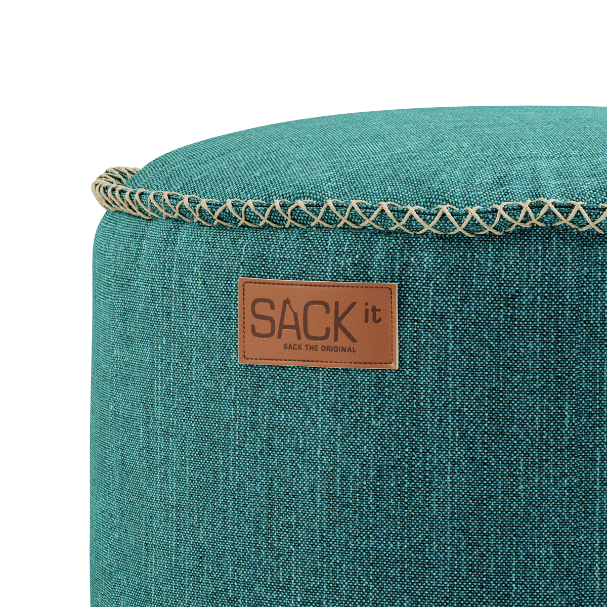 Cobana Pouf in Cobana Grey fabric with hand-sewn stitches, round shape for indoor and outdoor use