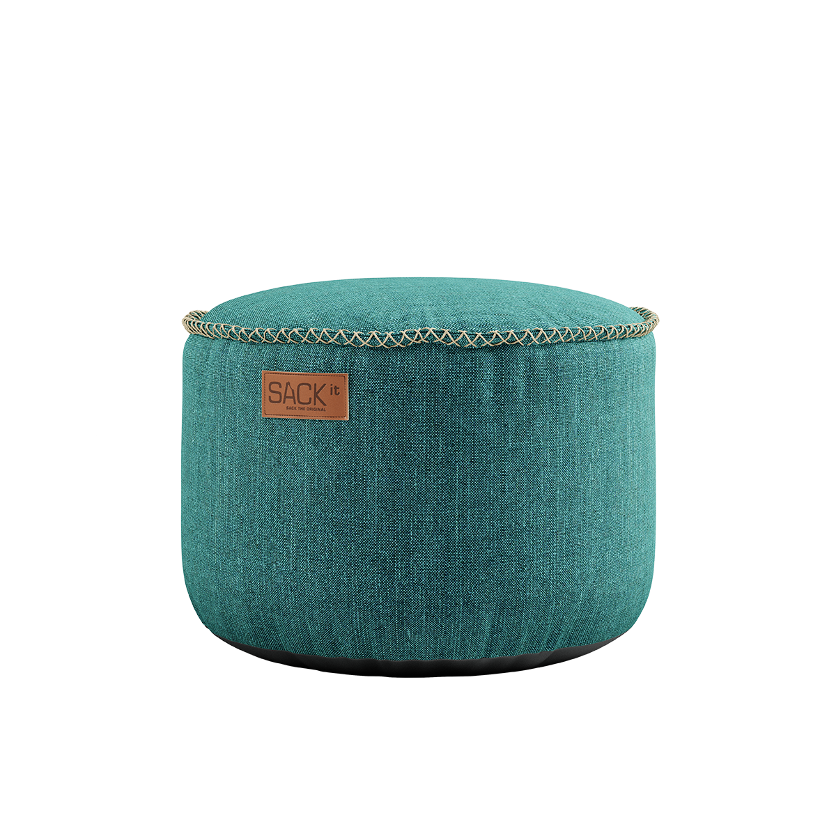 Round Cobana Pouf in petrol melange fabric with durable hand-sewn stitches, suitable for indoor and outdoor use