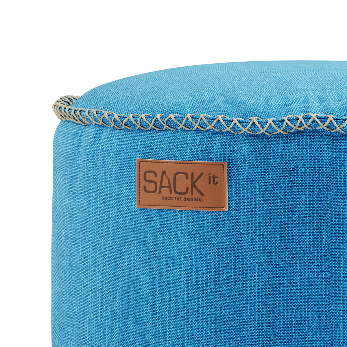 Cobana Pouf in Cobana Grey fabric with hand-sewn stitches, round shape for indoor and outdoor use.