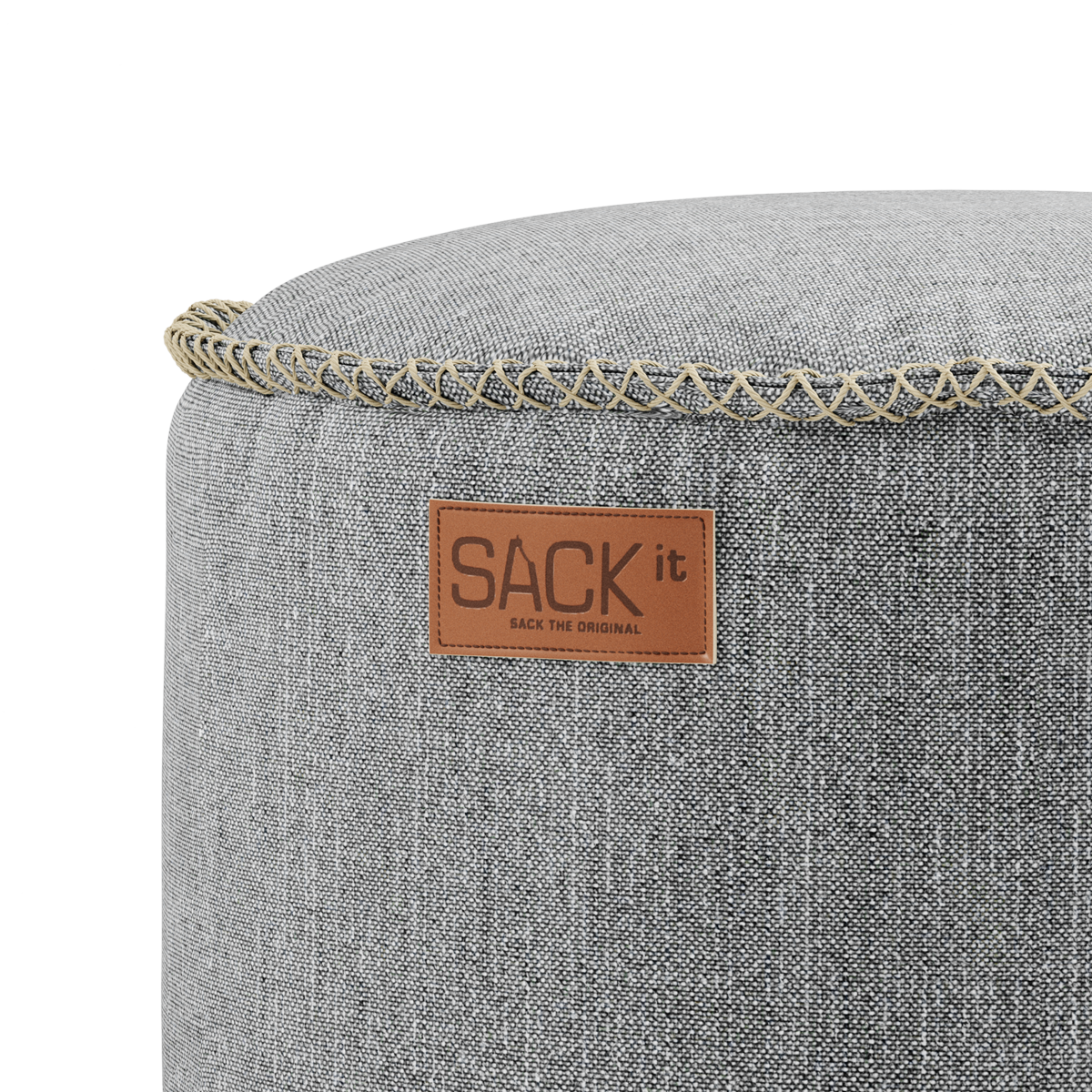 Round Cobana Grey pouf with durable fabric and hand-sewn stitches for indoor and outdoor use