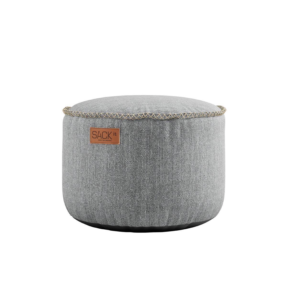 Cobana Pouf in sand melange fabric with a round shape and soft texture.