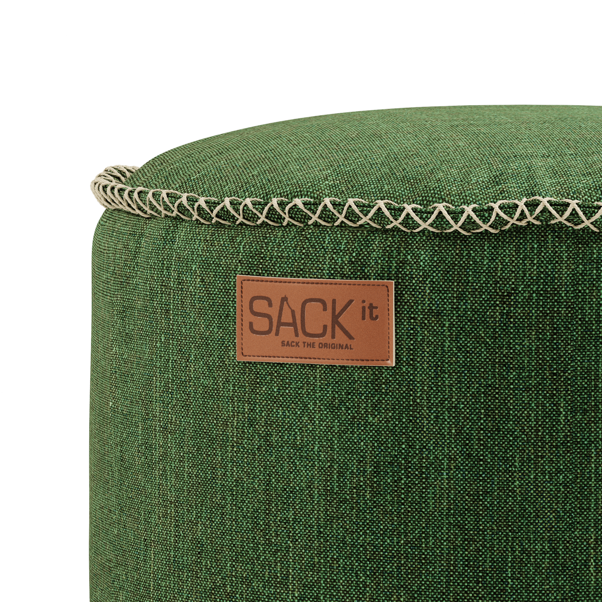Round Cobana Pouf in grey Cobana fabric with hand-sewn stitches, suitable for indoor and outdoor use