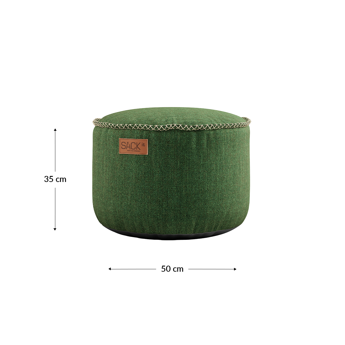 Round Cobana Pouf in grey Cobana fabric with hand-sewn stitches, suitable for indoor and outdoor use