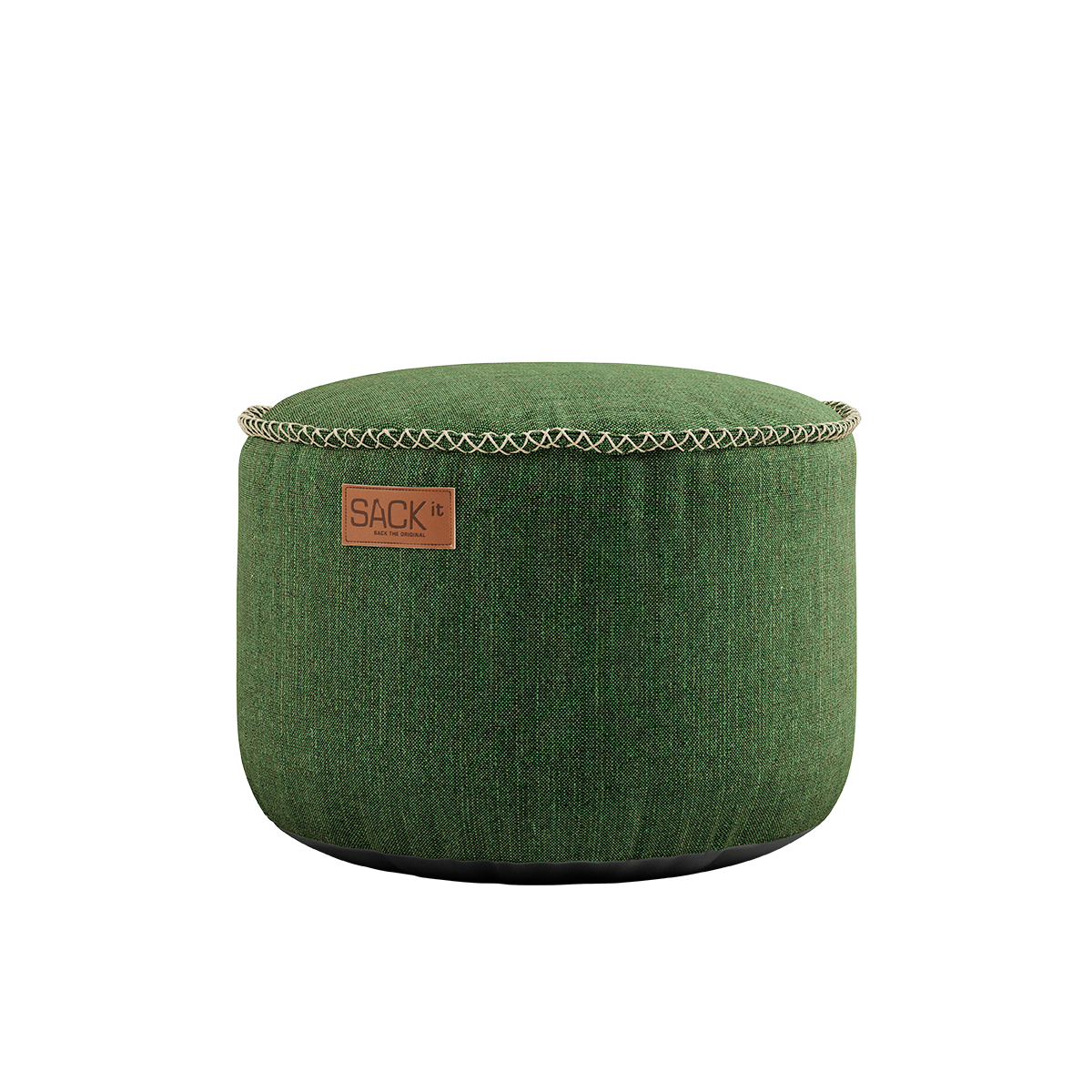 Round Cobana Pouf in green Cobana fabric with hand-sewn stitches, suitable for indoor and outdoor use