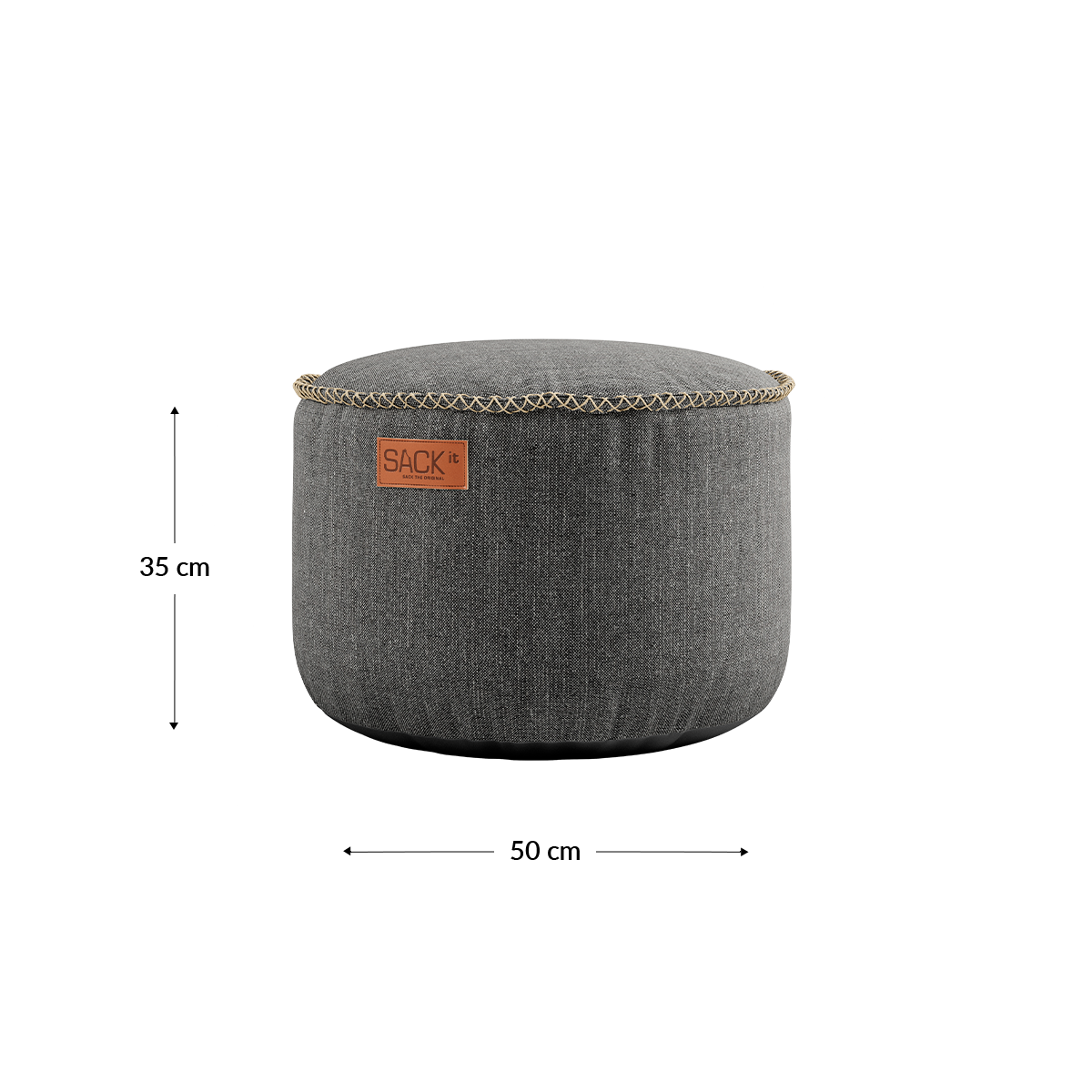 Round Cobana Grey pouf with durable fabric and hand-sewn stitches for indoor and outdoor use