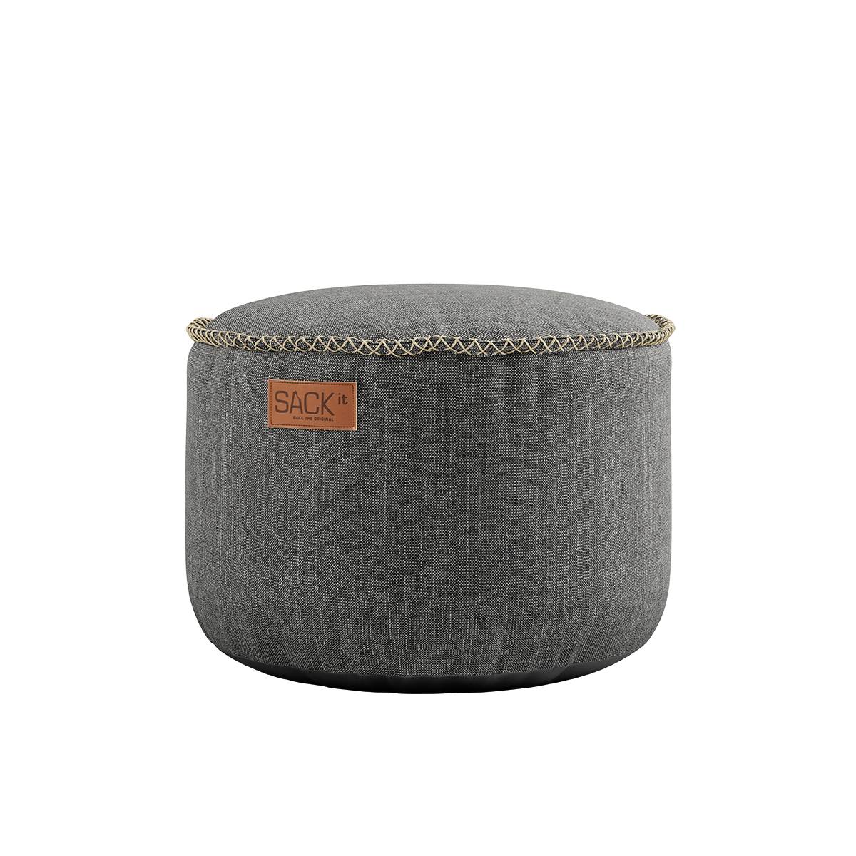Cobana Pouf in grey Cobana fabric with a round shape and hand-sewn stitches.