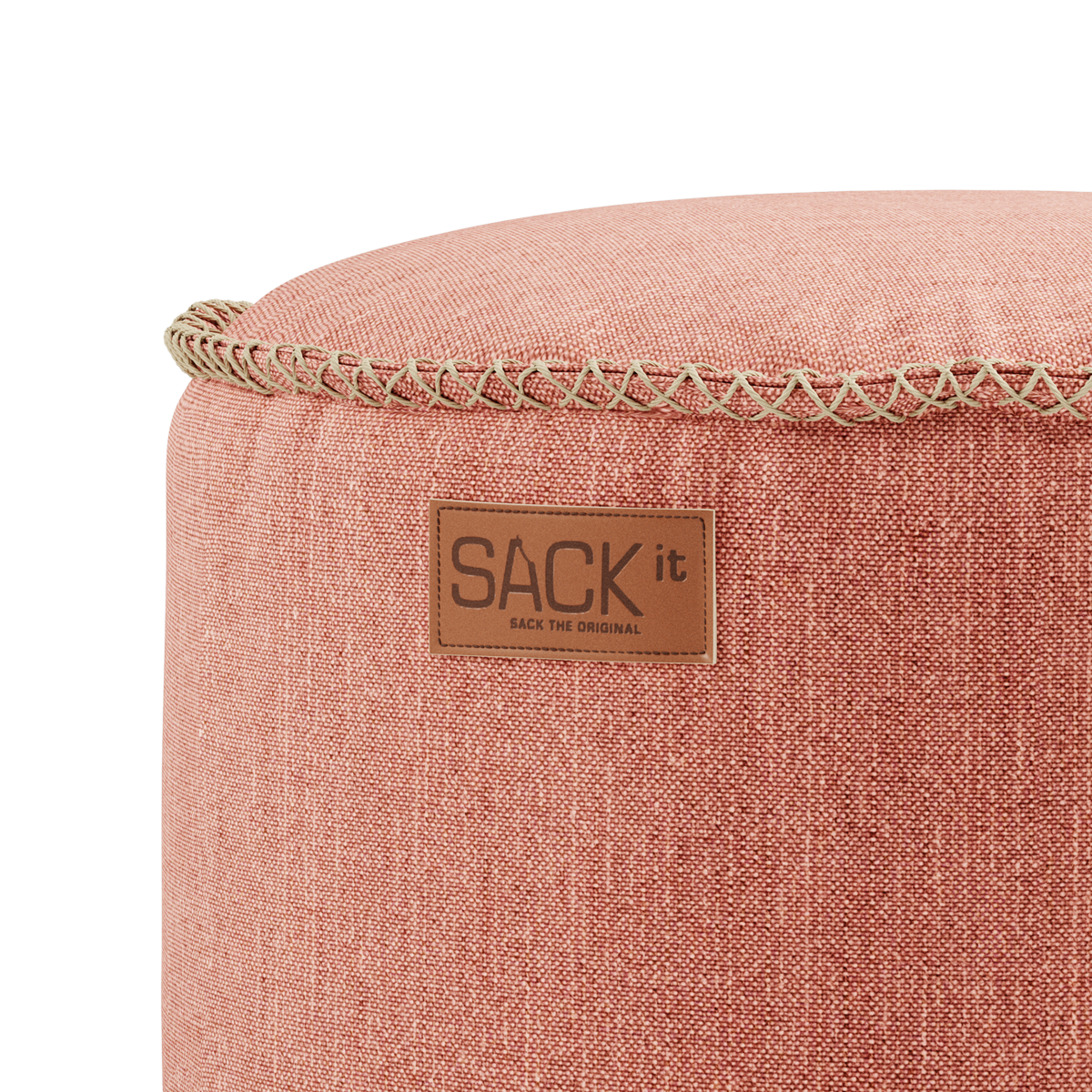 Round Cobana Pouf in grey Cobana fabric with hand-sewn stitches, suitable for indoor and outdoor use