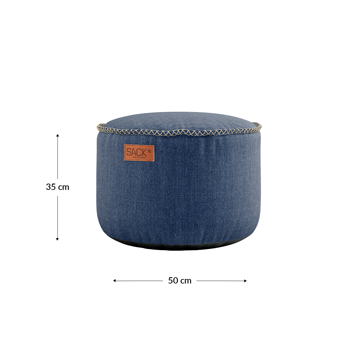Round Cobana Grey pouf with hand-sewn stitches, designed for indoor and outdoor use