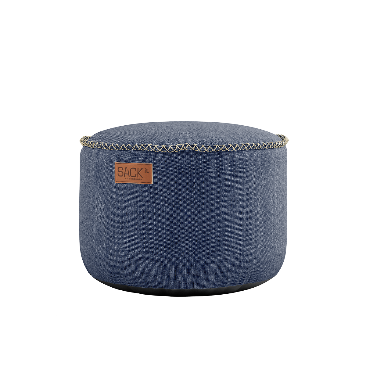 Round Kirra Indigo Cobana Pouf with textured fabric and hand-sewn stitches for indoor and outdoor use