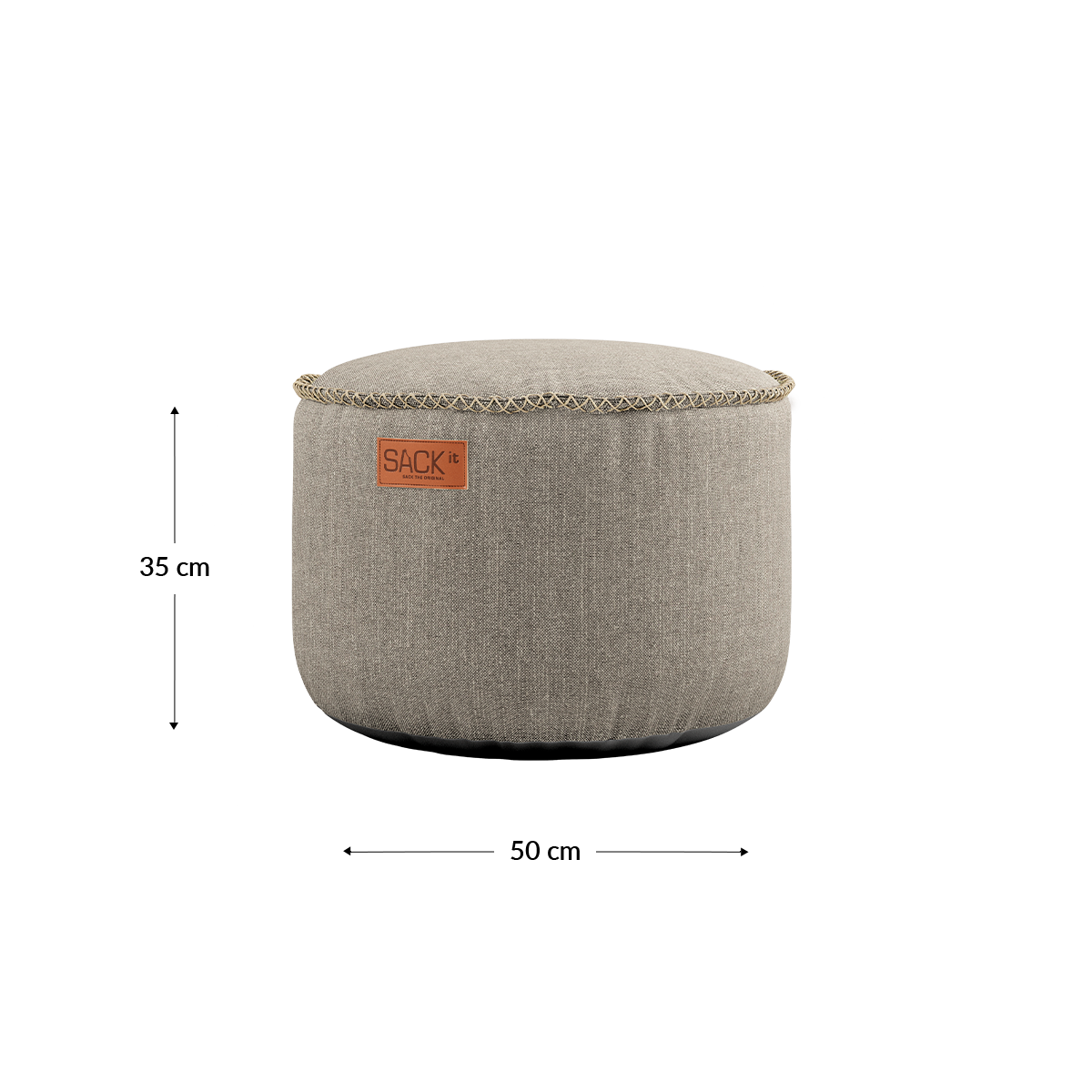 Round Cobana Grey pouf with durable fabric and hand-sewn stitches, suitable for indoor and outdoor use.