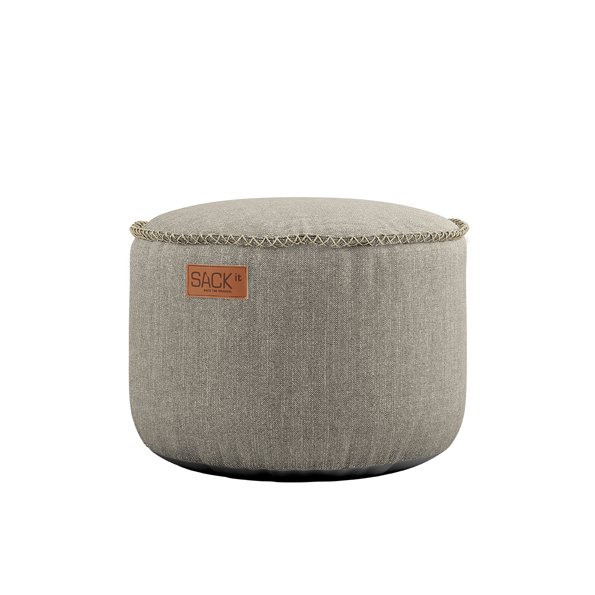 Kirra Sand Cobana Pouf with a round shape and textured fabric suitable for indoor and outdoor use