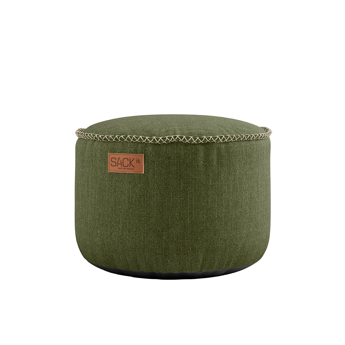 Kirra Olive Cobana Pouf with durable fabric and hand-sewn stitches, round shape for indoor and outdoor use