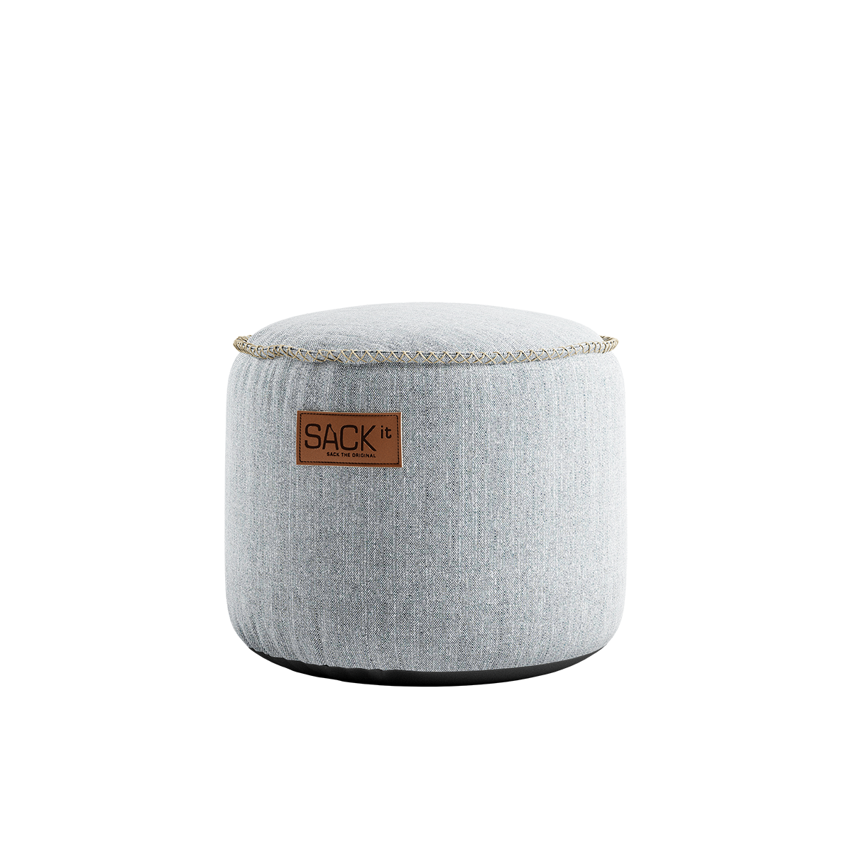 Round Cobana Junior Pouf in sand melange color with textured fabric and hand-sewn stitches.