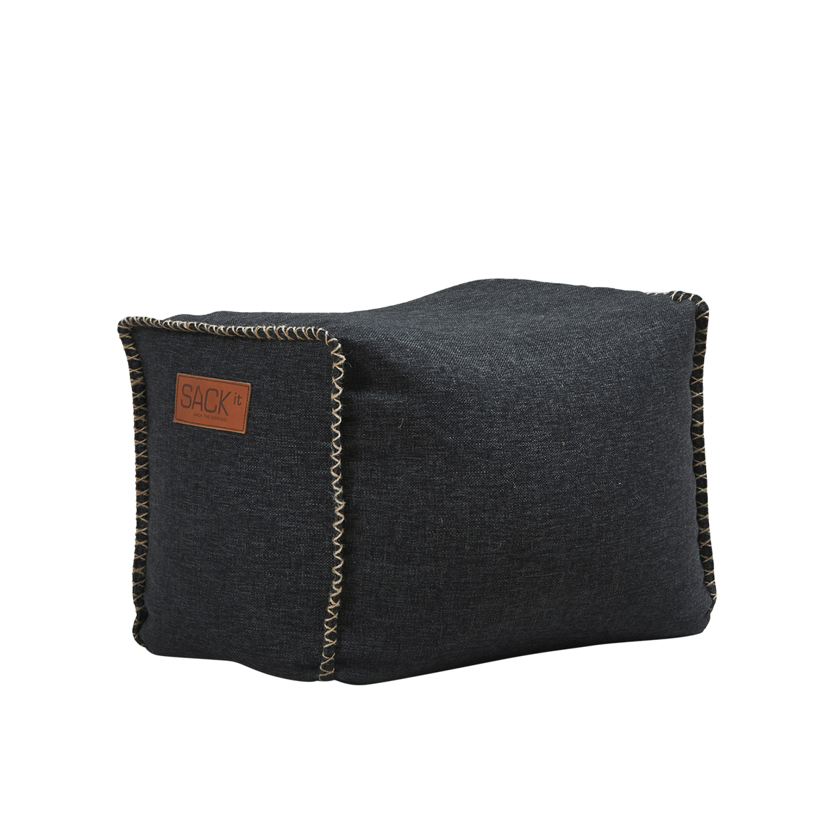 Cobana Square Pouf in black canvas fabric with a square shape and hand-sewn stitches