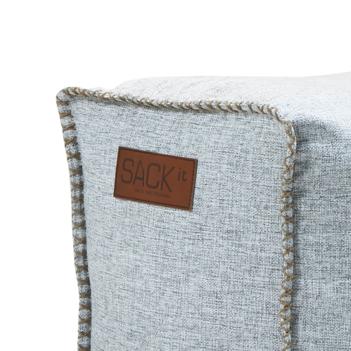 Cobana Square Pouf in black canvas fabric with hand-sewn stitches and a square shape.