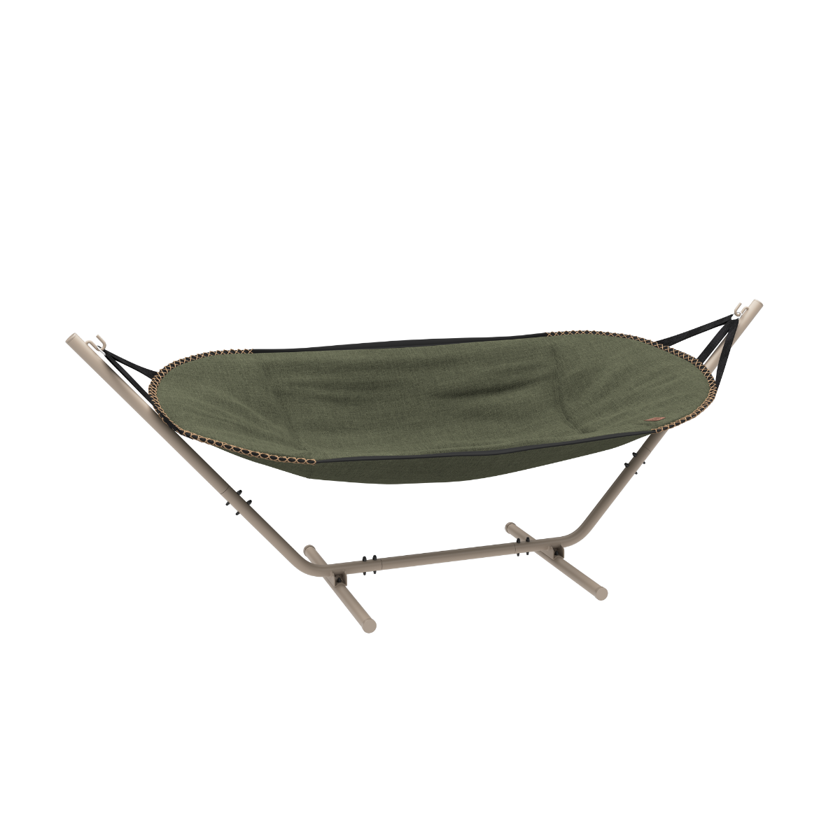 Kirra Olive Cobana Hammock with taupe powder-coated aluminum stand outdoors