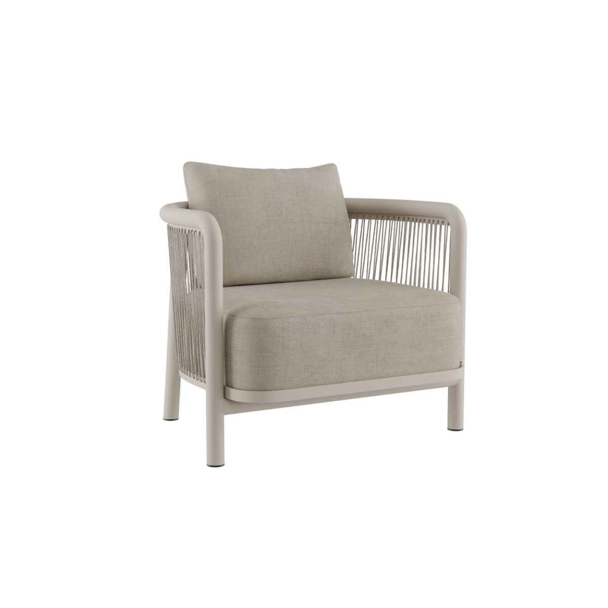 Kirra Lounge Chair in sand color with powder-coated aluminum frame and olefin textile upholstery.