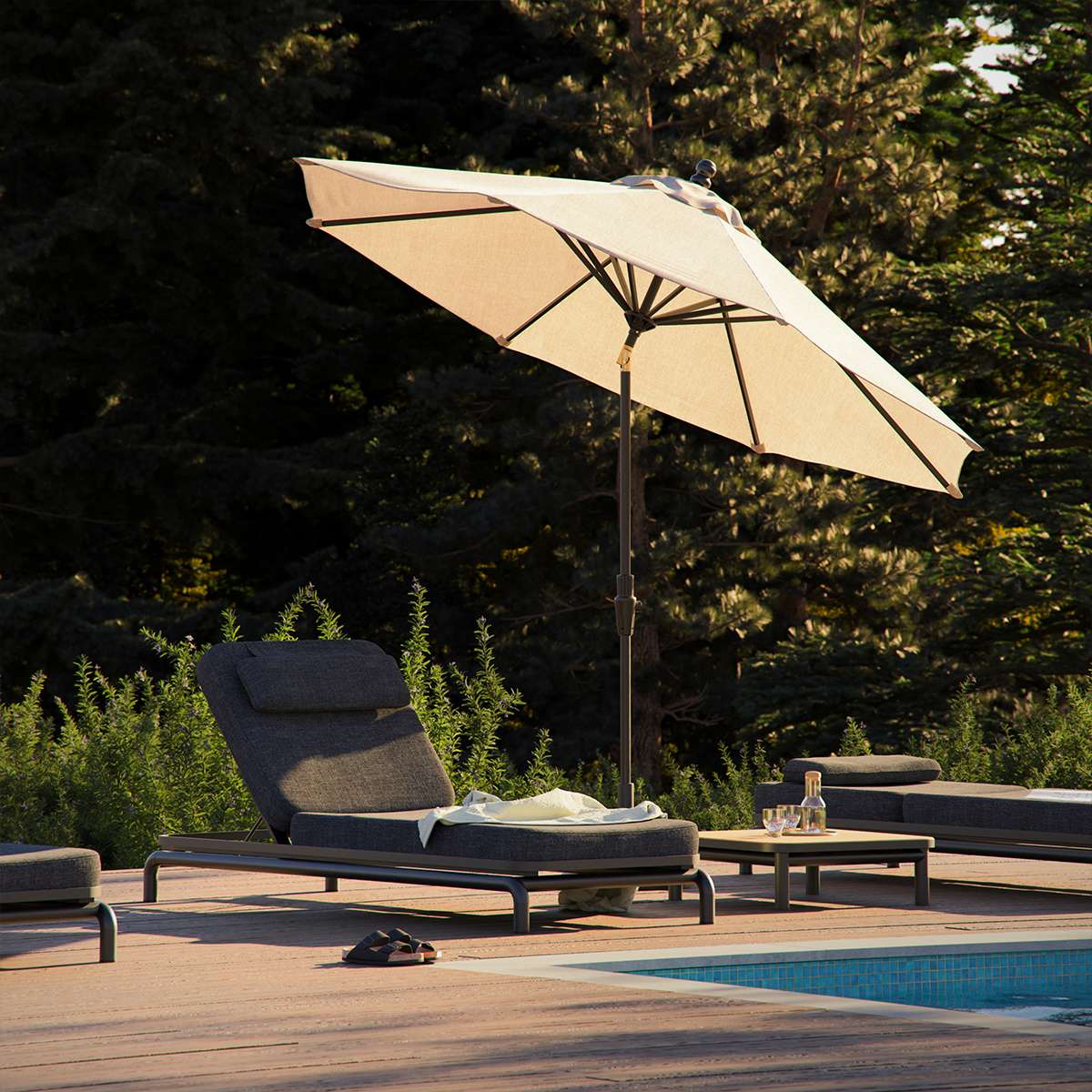 Kirra Sunbed in Kirra Sand with powder-coated aluminum frame and olefin textile, shown outdoors.