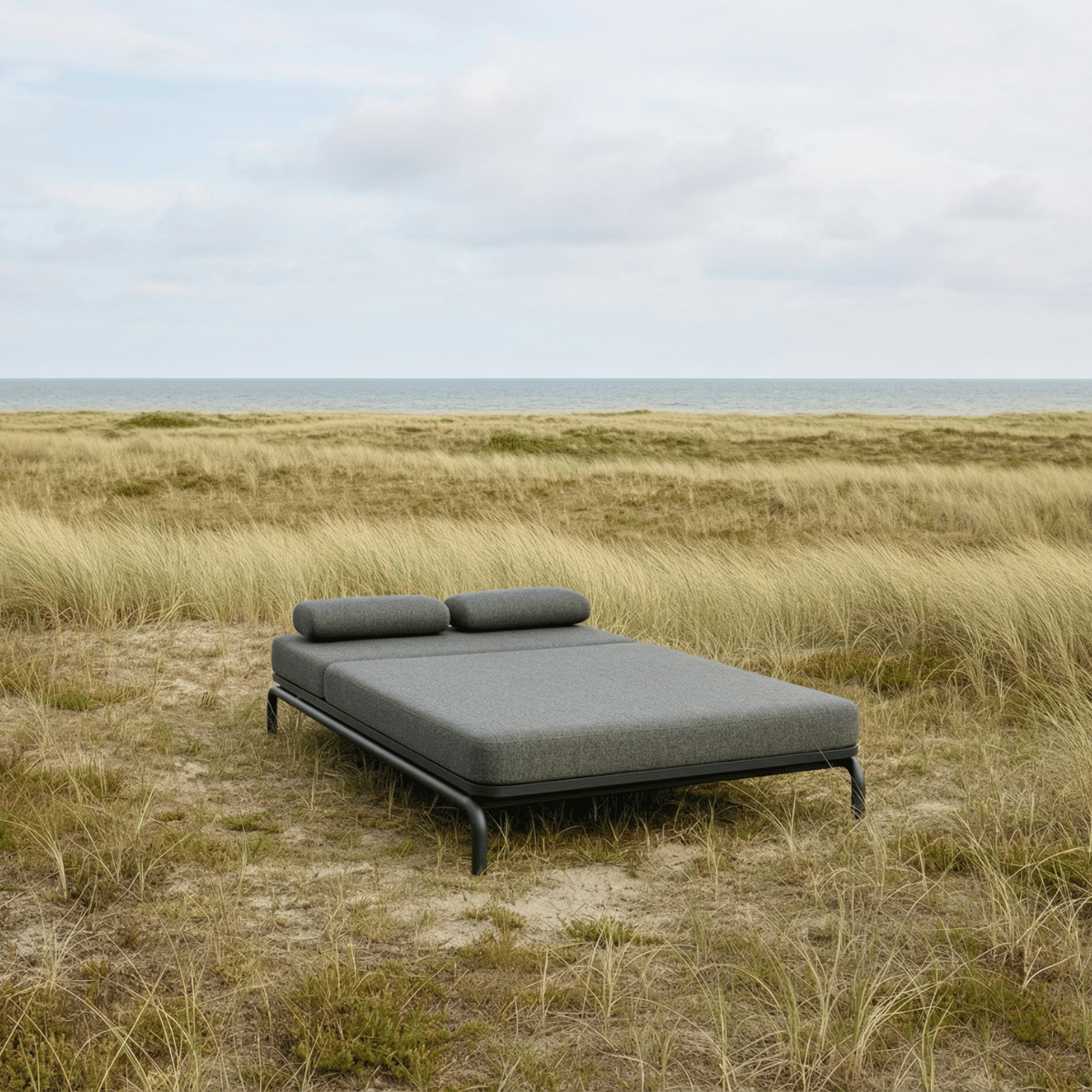 Kirra Double Sunbed in Kirra Sand with powder-coated aluminum frame and light olefin textile outdoors