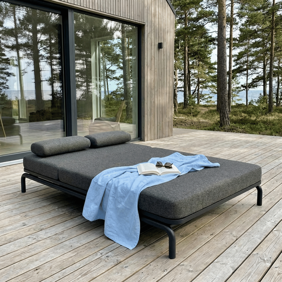 Kirra Double Sunbed in Kirra Sand with powder-coated aluminum frame and olefin textile outdoors on a terrace