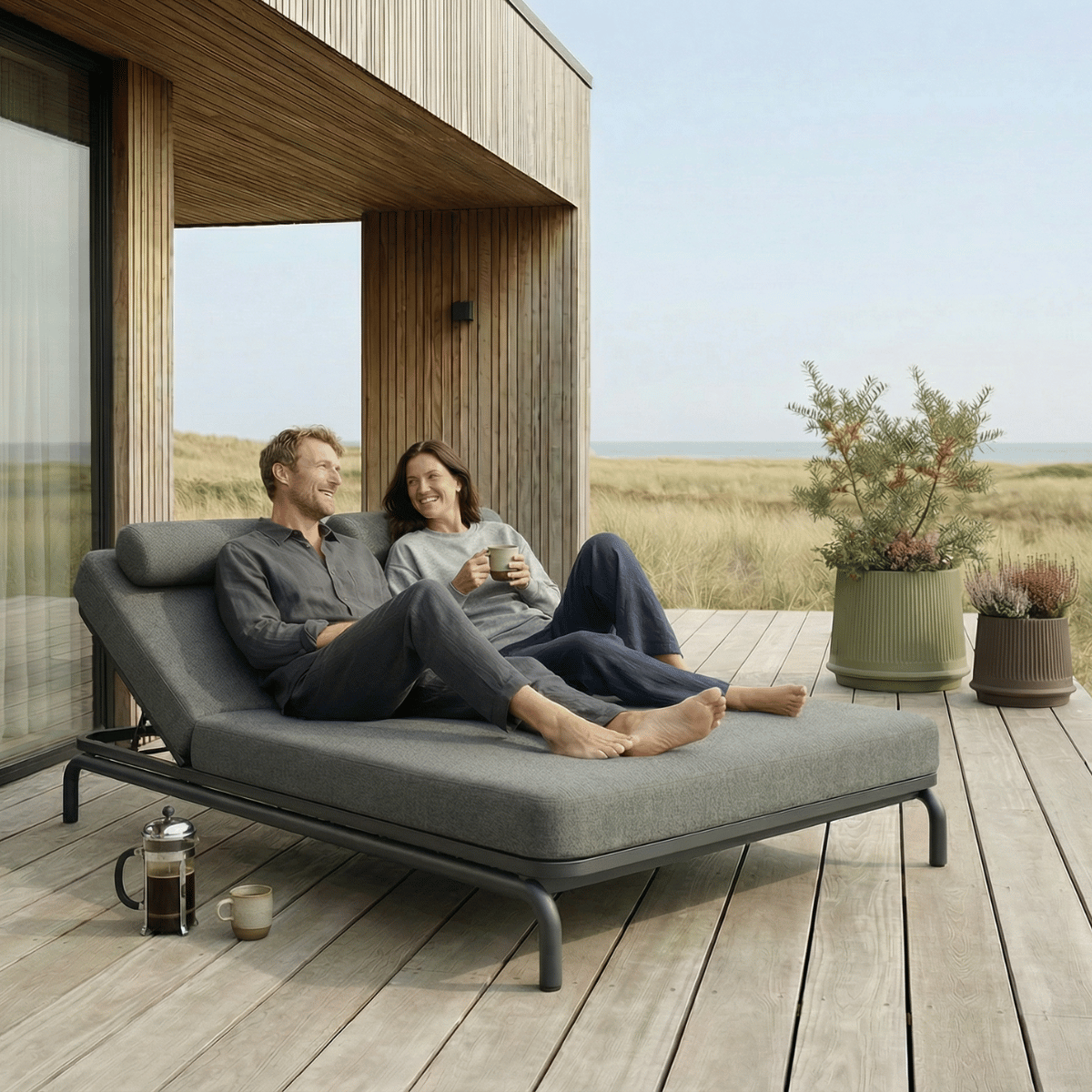 Kirra Double Sunbed in Kirra Sand with powder-coated aluminum frame and olefin textile outdoors