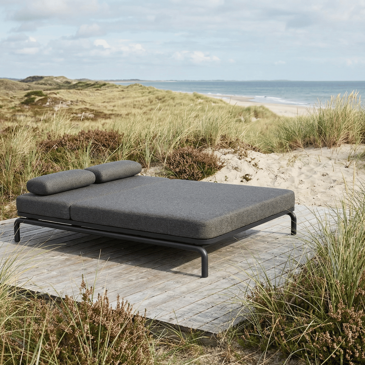 Kirra Double Sunbed in Kirra Sand with powder-coated aluminum frame and light olefin textile outdoors