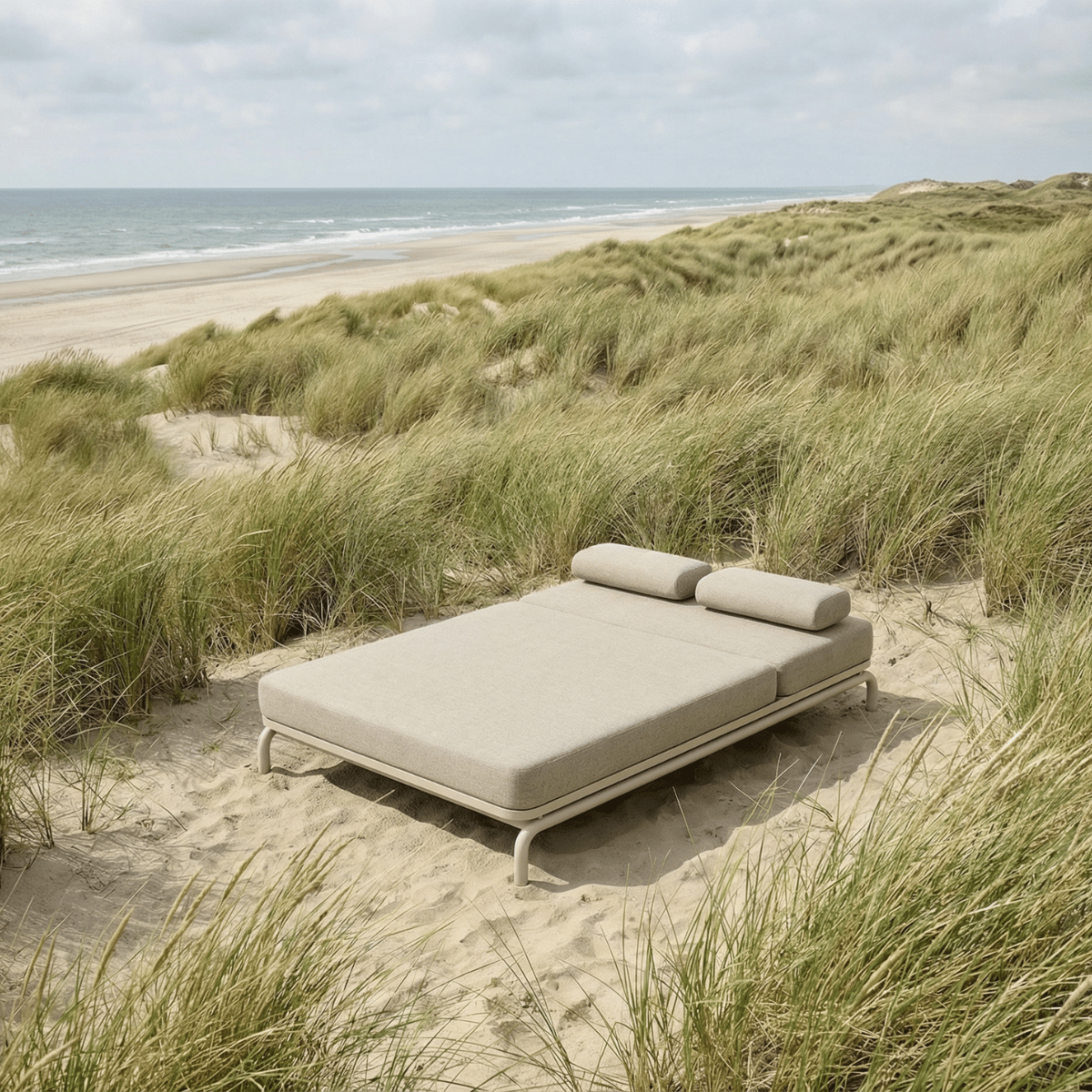 Kirra Double Sunbed in Kirra Sand with powder-coated aluminum frame and Olefin textile outdoors