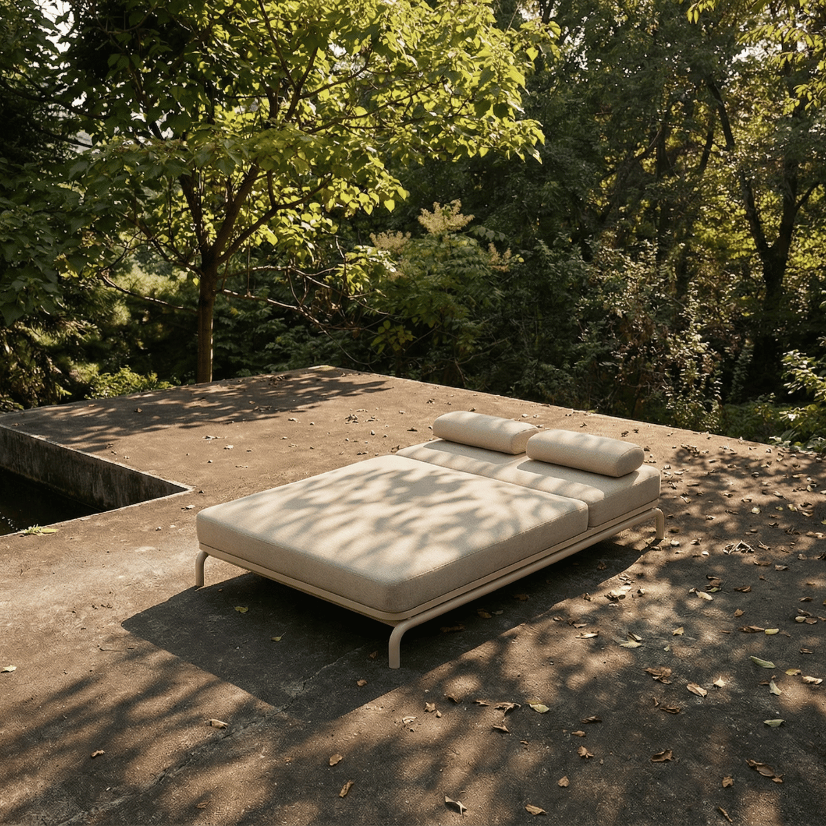 Kirra Double Sunbed in Kirra Sand with powder-coated aluminum frame and olefin textile outdoors