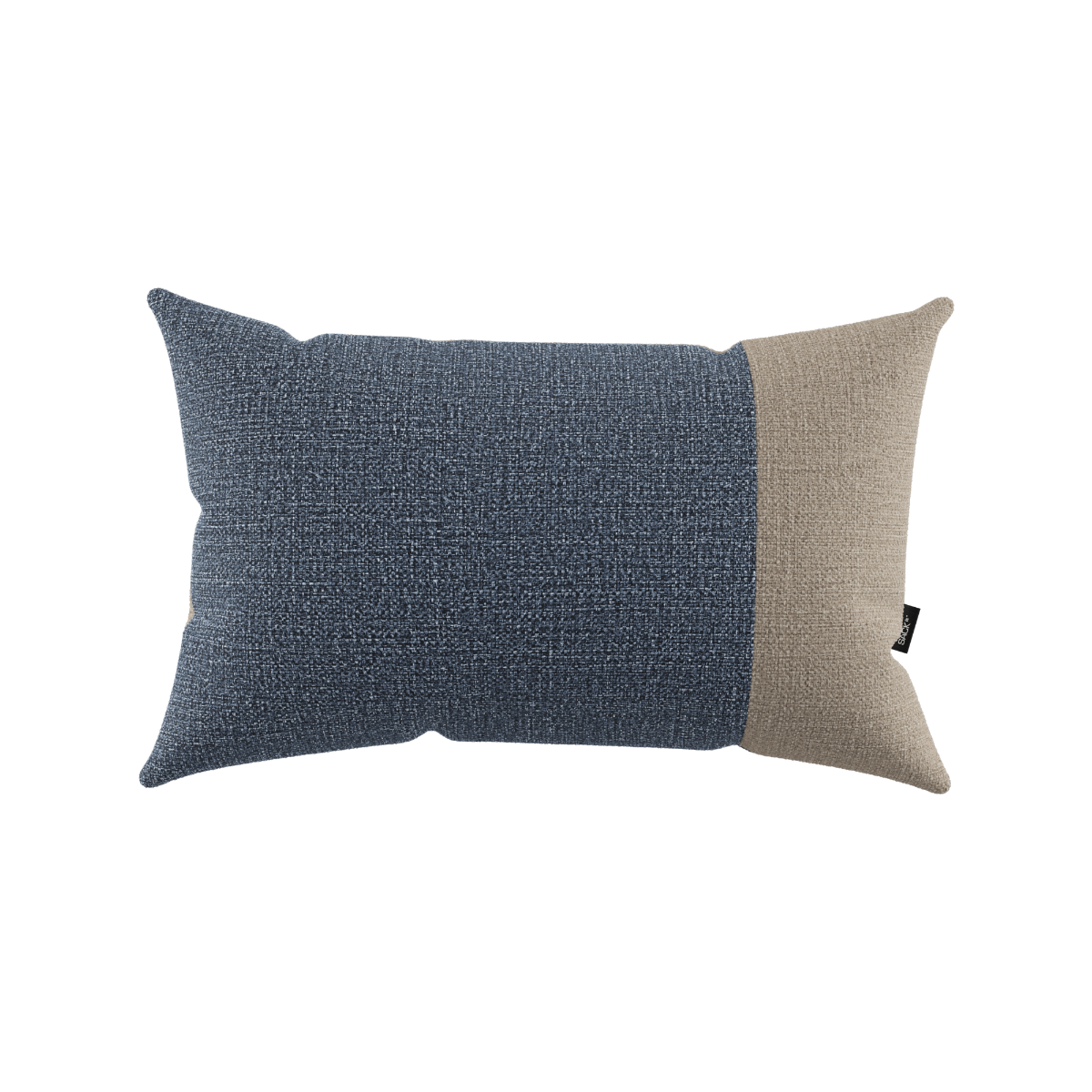 Sand and indigo color block Tide Cushion with removable cover for outdoor use on lounge furniture.