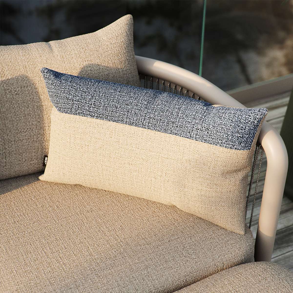 Rectangular Tide Cushion in sand and indigo color blocks made for outdoor use.