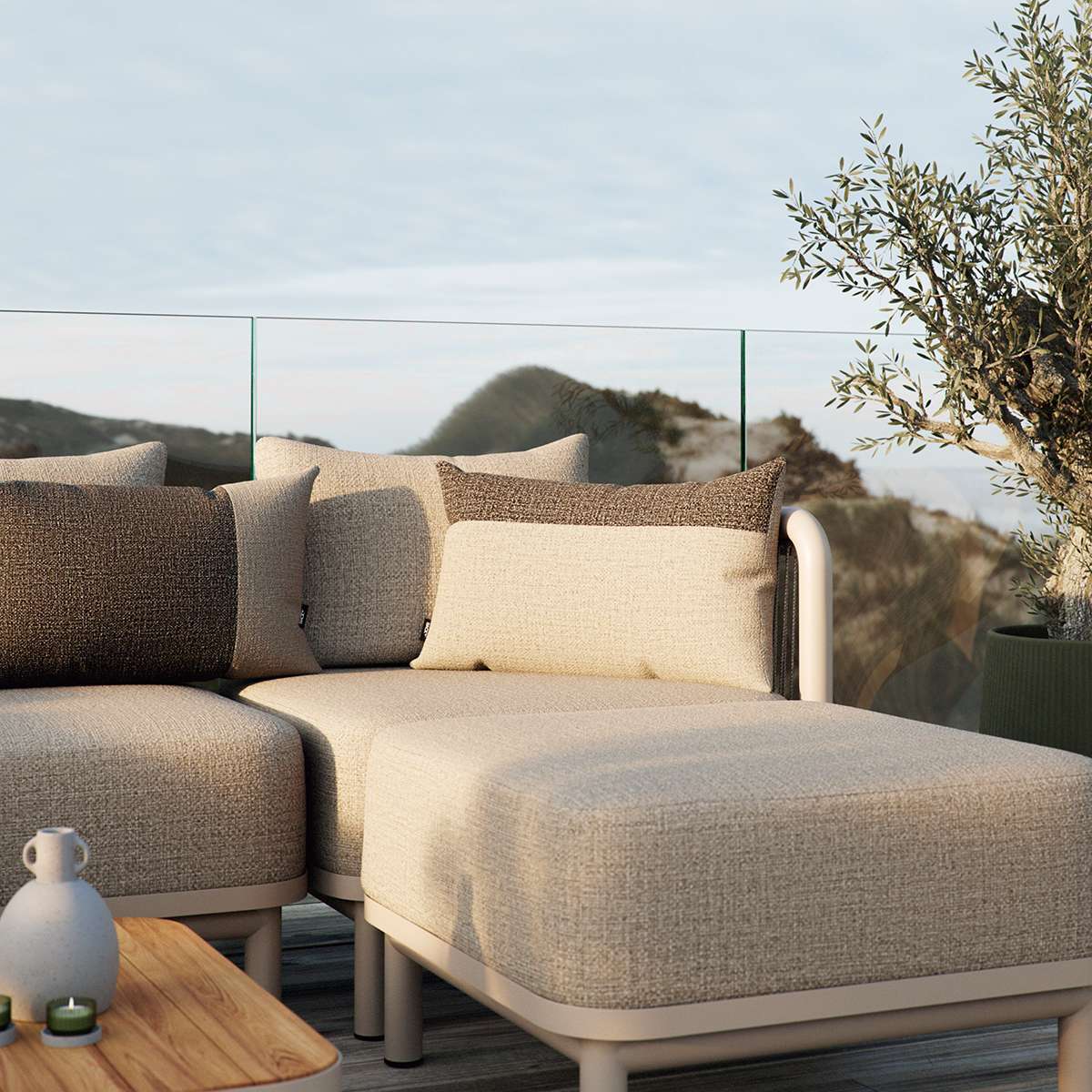 Sand and indigo color block outdoor cushion with removable cover on lounge furniture.