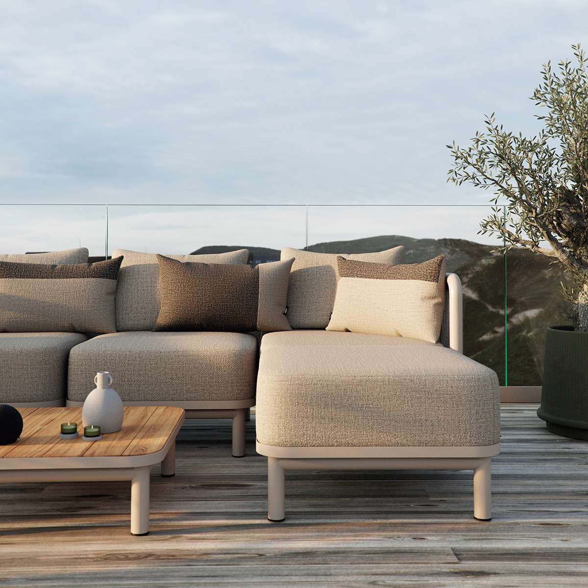 Outdoor Tide Cushion in sand and indigo color blocks on a lounge chair