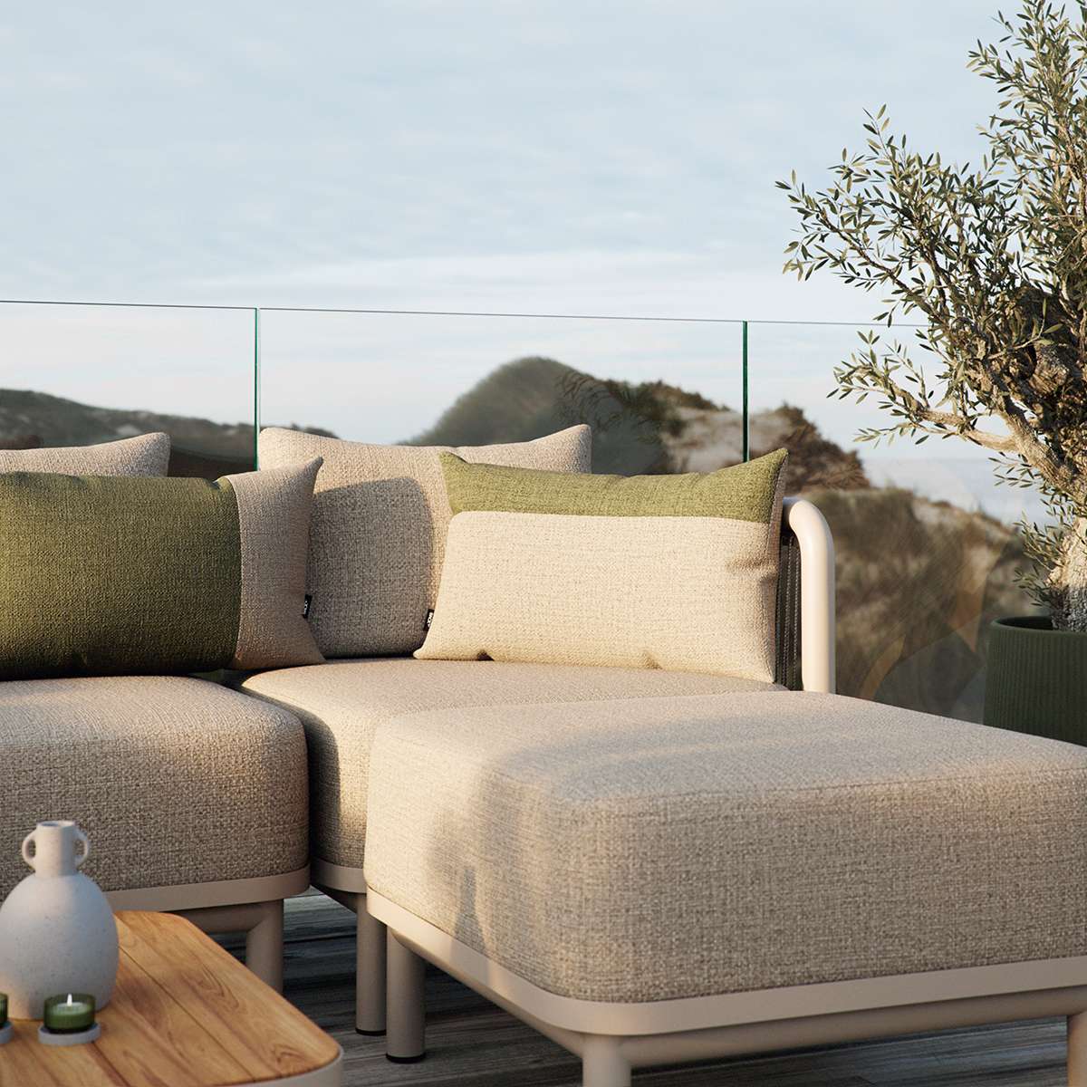 Sand and indigo color block Tide Cushion made for outdoor use on a white chair.