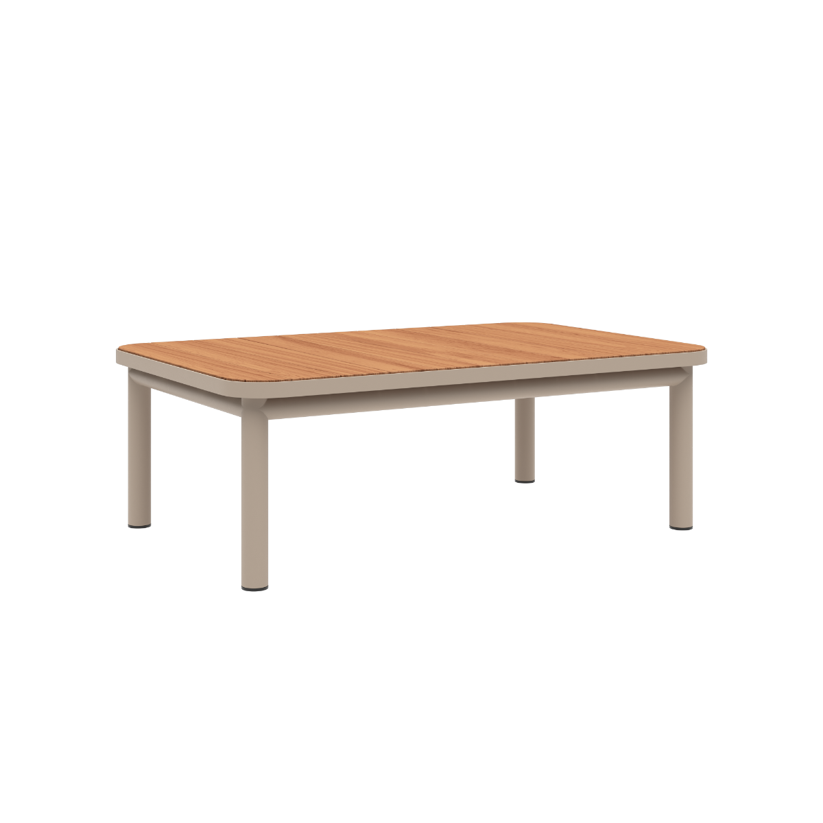Kirra Coffee Table in taupe with teak wood tabletop and powder-coated aluminum frame, no accessory fit.