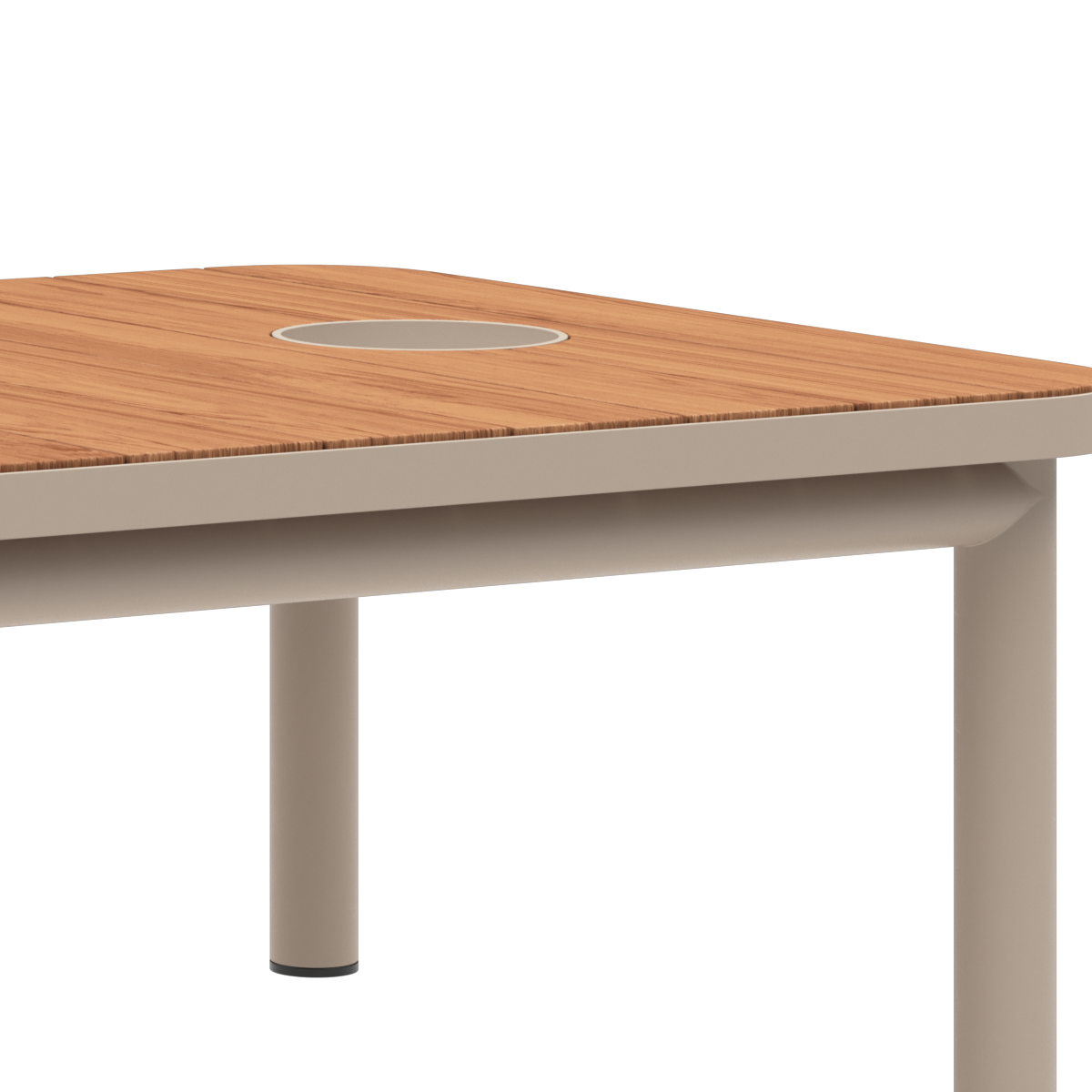 Taupe Kirra Coffee Table with teak wood top and powder-coated aluminum frame, no accessory fit.